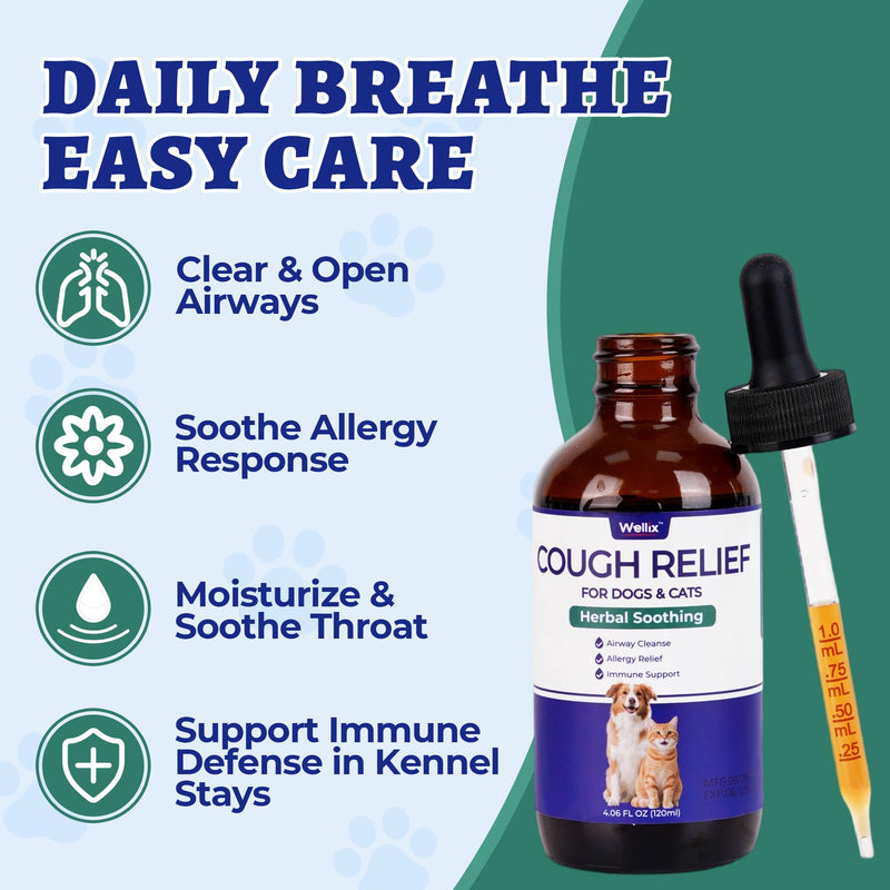 Wellix 120ml Kennel Cough Treatment for Dogs & Cats High-Volume - All Herbal Formula for Dog Cough, Sneezing & Cat Cold Relief - Durable Bacon Flavor Throat Gold for Dogs