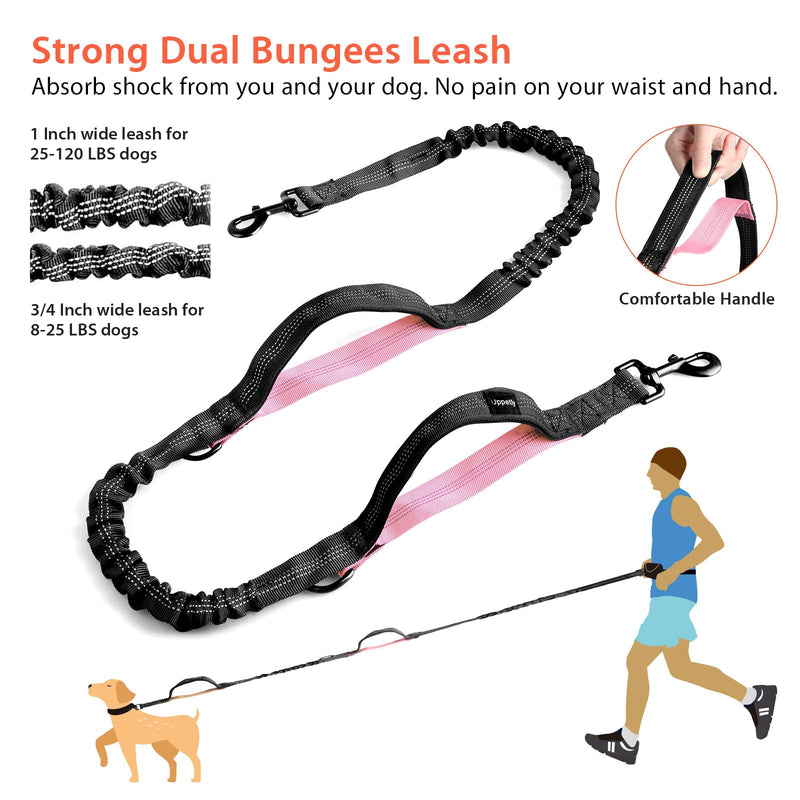 Uppetly Hands Free Dog Running Leash with Waist Belt, Dual Handle Elastic Bungees Retractable Rope for Medium and Large Dogs, Reflective Stitches for Walking Hiking Biking (Large Pink, 25-120lb 1 dog/Baby Pink - BeesActive Australia