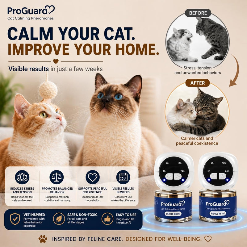 ProGuard® Cat Calming Diffuser Kit with Timer – Advanced Support to Reduce Stress, Spraying, Scratching, Fighting and Hiding – Cat Pheromone Diffuser 9-in-1 with 3 Diffusers with Timer + 6 Refills