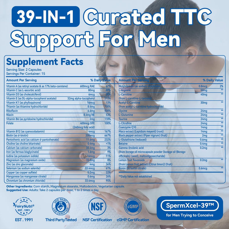 SpermXcel-39™ for Men Trying to Conceive | 39-in-1 Fertility Support | Maca · L-Carnitine · L-Arginine & CoQ10 · Vitamins & minerals | Supports Sperm Motility & Quality | 30 Vegetarian Capsules