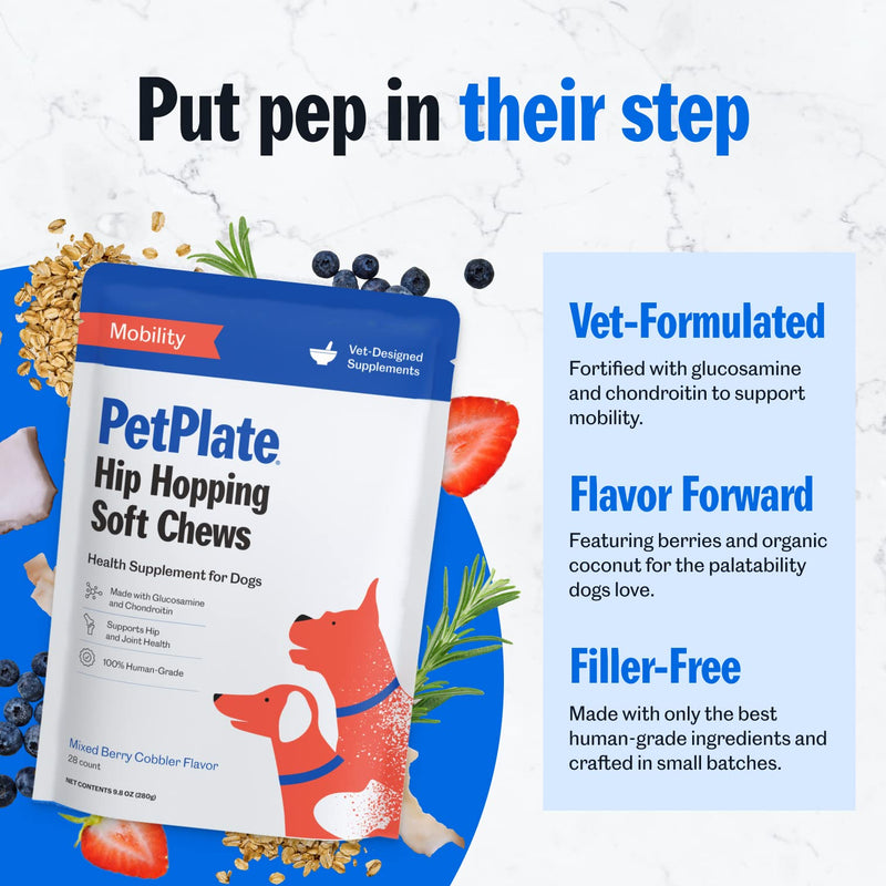 PetPlate Hip Hopping Soft Chews for Dogs, Hip and Joint Supplements, Organic and Human-Grade Ingredients, Mobility Support, Pet Supplies (Pack of 1, 9.8 Ounce) - PawsPlanet Australia