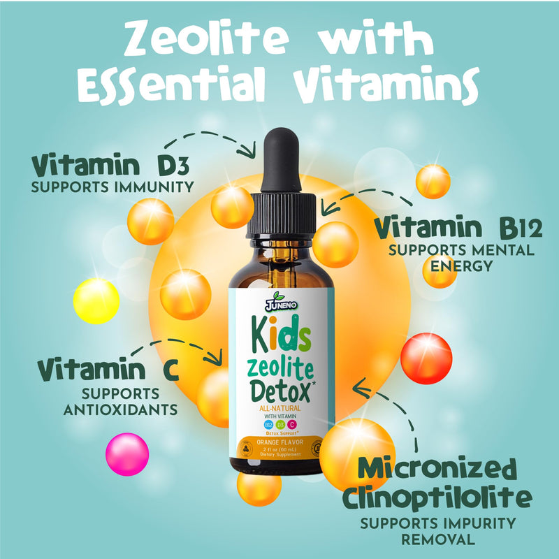 Zeolite Detox Drops for Kids - Orange Flavor, Vegan, Gluten-Free | Gentle Micronized Clinoptilolite - Liquid Supplement with Vitamins B12, C & D to Clean Toxins for Children & Toddlers 2 Fl Oz (Pack of 1)