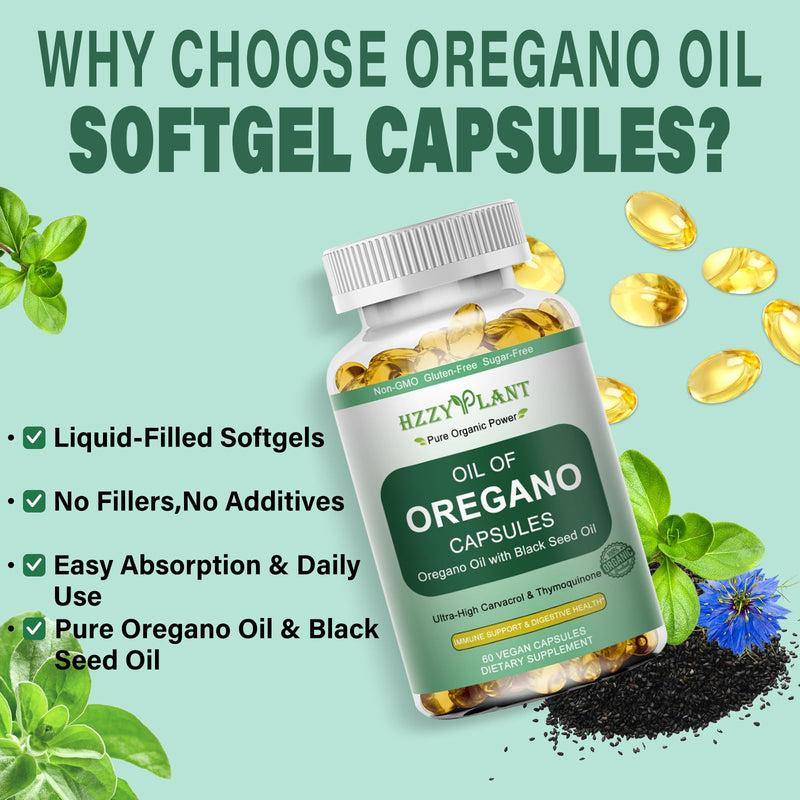 Oil of Oregano with Black Seed Oil Softgels, High Absorption Organic Oregano Oil Capsules for Immune Support Digestive Health Antioxidant, Concentrated Carvacrol & Thymoquinone, Vegan, 2 Month Supply