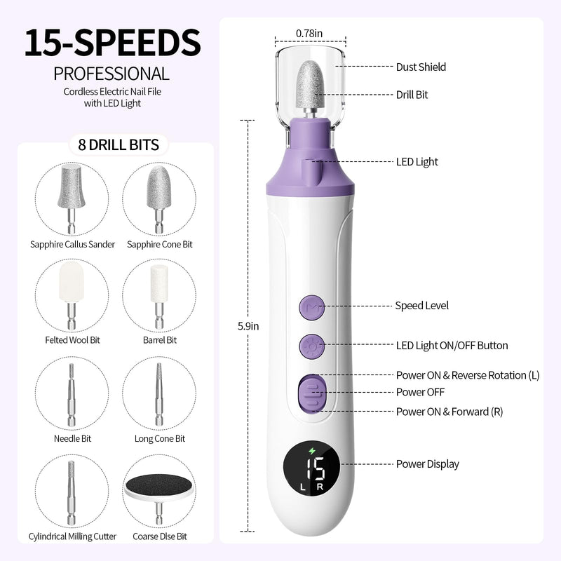 Professional Manicure Pedicure Kit, Cordless Electric Nail File with LCD & Lamp, Rechargeable Toenail Grinder for Thick Toenails, Portable Nail Dremel Tools for Women & Men Baby Pets White Purple - BeesActive Australia