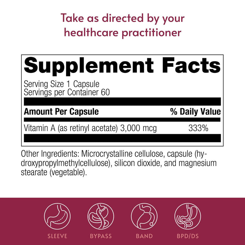Bariatric Advantage Vitamin A 3,000 mcg, 60 Count | 3,000 mcg Vitamin A, for Bariatric Surgery Patients, Easy-Digest Mini Capsules, Vitamin A Supplements, Eye Health Support* 60 Count (Pack of 1)