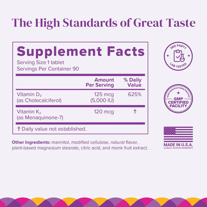 BariMelts Vitamin D3 K2-90 Fast-Dissolving Tablets (3-Month Supply) - Bariatric Vitamins for Women with Vitamin D3 5000 IU and K2 as MK-7, Natural Apple Flavor 90 Count (Pack of 1)