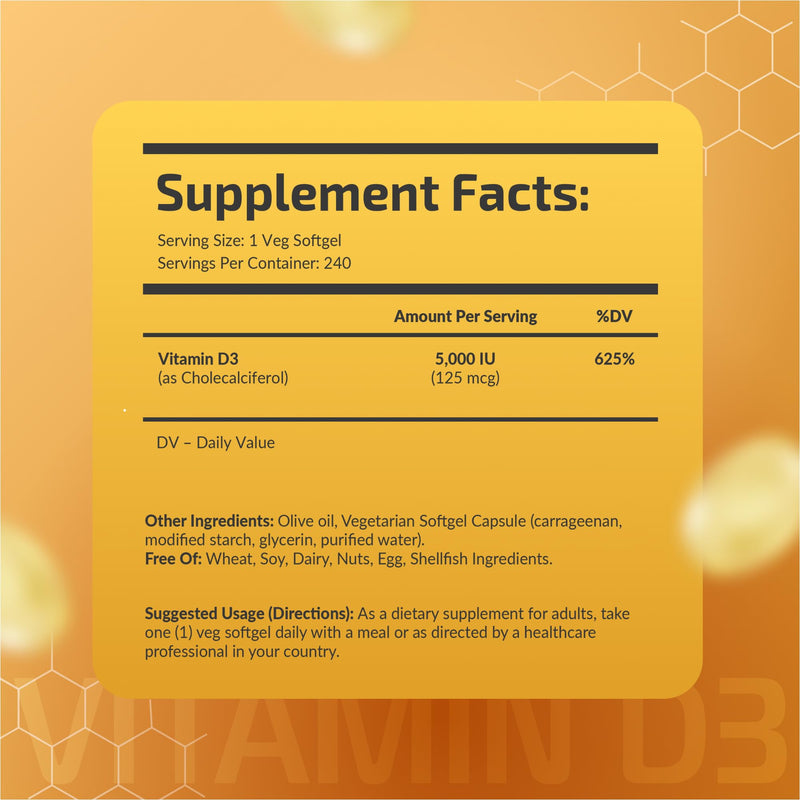 Vitamin D3 5000 IU - 240 Softgels, 8 Month Supply, Non-GMO | Supports immune, muscle & bone health. Gluten-free, allergen-free, easy-to-swallow softgels. 240 Count (Pack of 1)