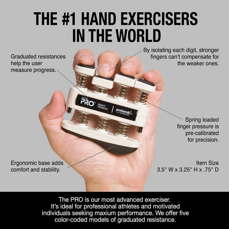 Prohands PRO Hand Exerciser, Finger Exerciser (Hand Grip Strengthener), Spring-Loaded, Finger-Piston System, Isolate and Exercise Each Finger 9 lb (Heavy Tension) Black - Pro