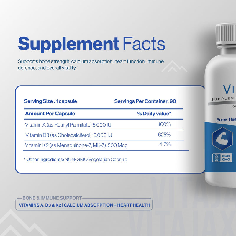ADK - Vitamin ADK Supplement, 90 Capsules - High Potency Vitamin A, D3 (5,000 IU) K2 as MK-7 for Bone, Heart & Calcium Absorption – Non-GMO, Gluten Free (3 Month Supply) 90 Count (Pack of 1)