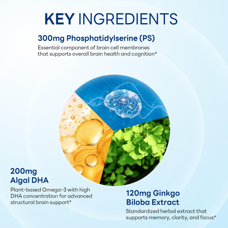 Vitamin World Phosphatidylserine 300mg w/DHA & Ginkgo Biloba, 90 Softgels | 50% Standardized PS, Supports Brain Health, Cognitive Function, Memory & Focus, Neuroclear Gold Made with Non-GMO Soy