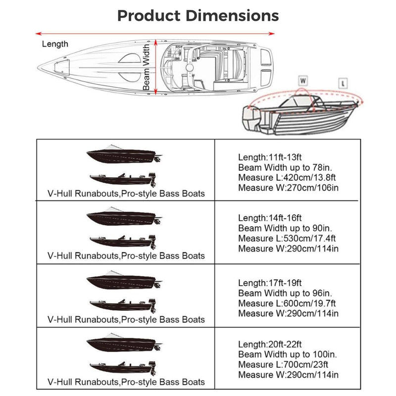 Boat Cover, All-Weather Mooring and Trailering Boat Cover for V-Hull Runabouts Outboards and I/O Bass Boats, Fits up to 14-16ft Long and 96in Wide, Black, 0OY023SIX24WGUV0DLA8Y17Z