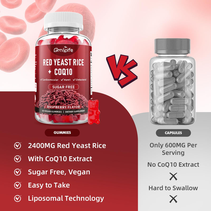 2 Pack Red Yeast Rice with Coq10 Gummies, Red Yeast Rice Supplement, Sugar Free, Raspberry Flavor, 120 Count - BeesActive Australia