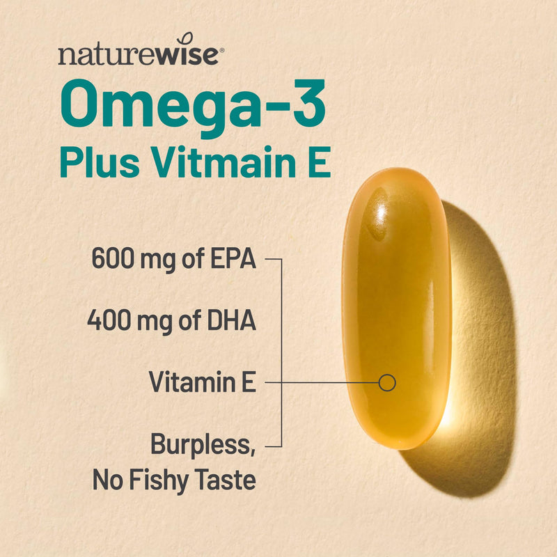 NatureWise Extra-Strength Omega 3 Fish Oil Supplement - 1000mg per Serving - 600 EPA & 400 DHA and Vitamin E - Sustainably Sourced Fish Oil - Lemon Flavor, GMO-Free - 180 Softgels[3-Month Supply] 180 Count (Pack of 1)