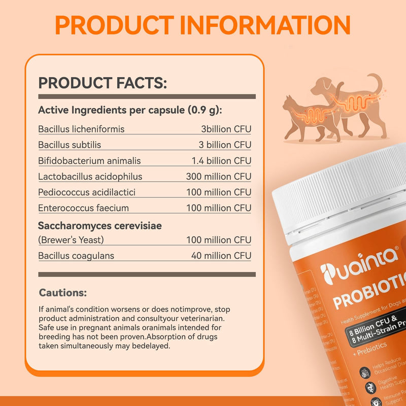PUAINTA Probiotics for Dogs & Cats – 8-Strain Probiotic with Prebiotics for Digestive & Gut Health, Immune & Stool Support, Helps Dogs Eating Dirt, Grass & Non-Food Items (90 Count) 90 Count