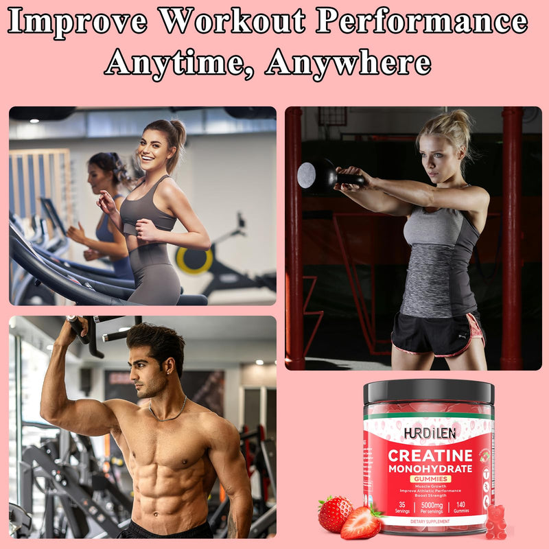 140 Count Creatine Monohydrate Gummies, 5000mg Creatine Monohydrate No Sugar Gummies for Women & Men with L-Taurine, Vitamin B12 for Muscle Strength, Muscle Recovery, Glute Builder, Energy Boost