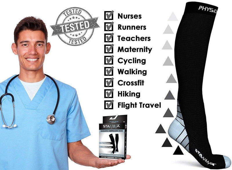 Physix Gear Compression Socks 20-30 mmHg - Men & Women - Running, Nurses, Shin Splints, Flight, Travel Black/Grey L/XL - BeesActive Australia