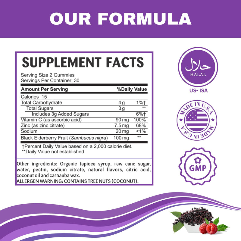 Greenfield Nutritions Halal Immune Support Elderberry Gummies for Adults - Supports Your Immune System Naturally with Halal Zinc and Vitamin C Gummy - 60 Delicious Mixed Berry Gummies Halal Vitamins