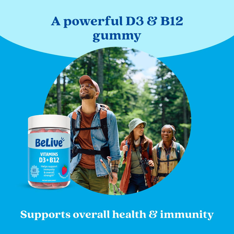 BeLive Vitamin D3 & B12 Gummies, 2000iu, Immune Support Supplement, 60 Ct | Heart Health & Enhanced Bone, Teeth, & Muscle Function - Sunshine Vitamin with Delicious Strawberry Flavor, For Adults & Kids 60 Count (Pack of 1)