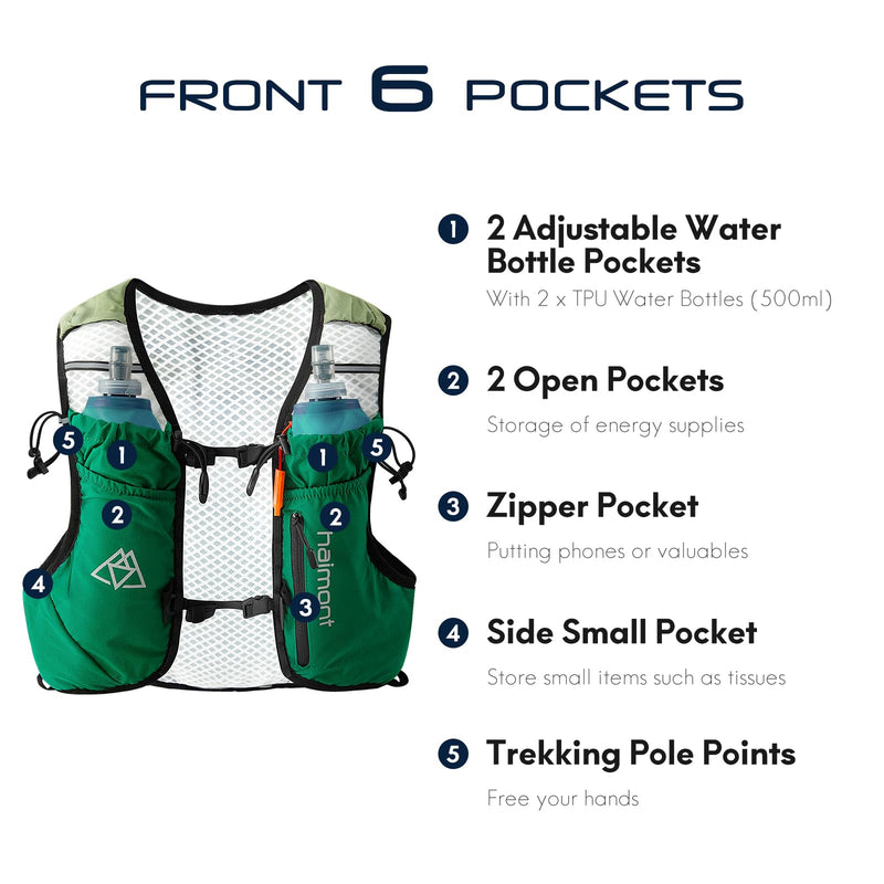 Haimont Running Hydration Vest with Water Bottles for Men Women, Lightweight 8L Hydrated Vest Pack for Trail Running, Hiking Green Small - BeesActive Australia