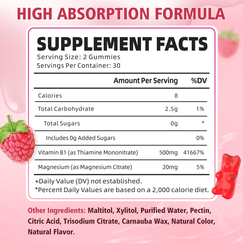 Pack of 2 Vitamin B1 Gummies 500mg for Adults & Kids, Thiamine B1 Supplement with Magnesium, Vitamin B1 Supplement for Nervous System Supports & Boost Energy, Raspberry Flavor, 120 Count 120 Count (Pack of 1)