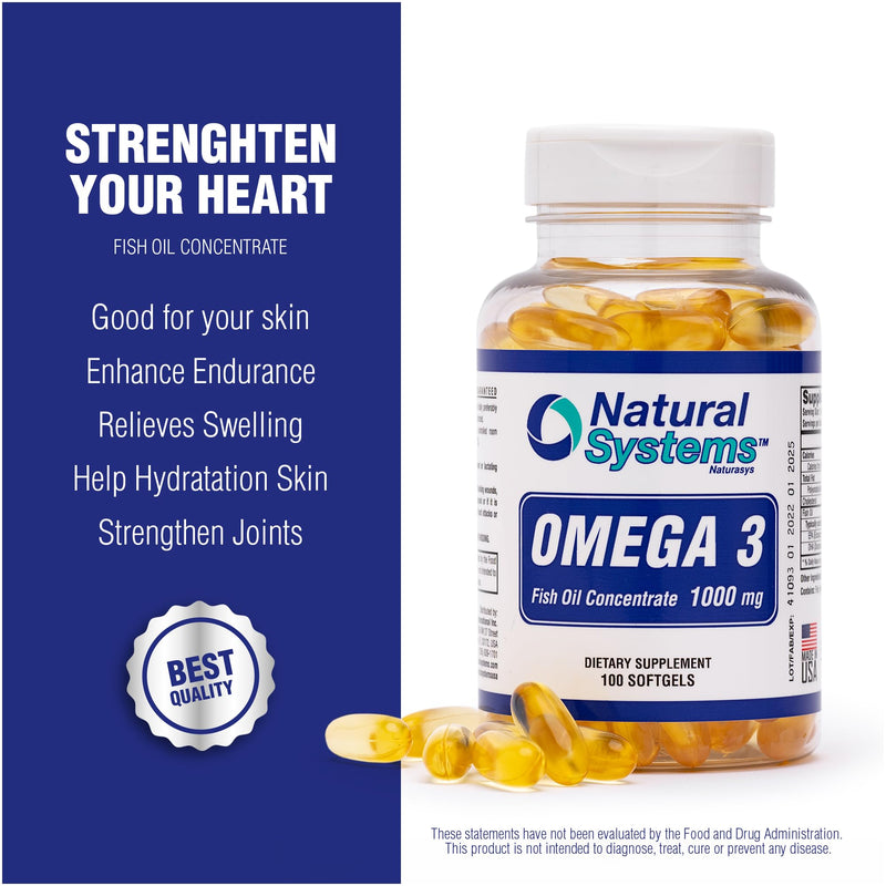 Omega 3 1000mg Fish Oil 100 Concentrated Softgels by Natural Systems - Omega 3 Supplements - Capsules for Daily Diet - EPA - DHA - Perfect for Heart, Eye, Brain and Joints Support* 100 Count (Pack of 1)