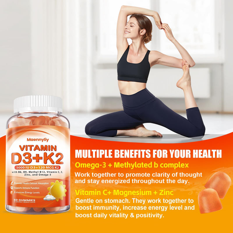 Maennyliy Vitamin D3 K2 Gummies for Adults: D3 5000IU + K2 (MK-7) 120mcg | D3 and K2 Supplements with Omega-3, Methyl B12, B9, B6, Vitamins E & Zinc - for Calcium Absorption & Overall Health Orange 60 Count (Pack of 1)