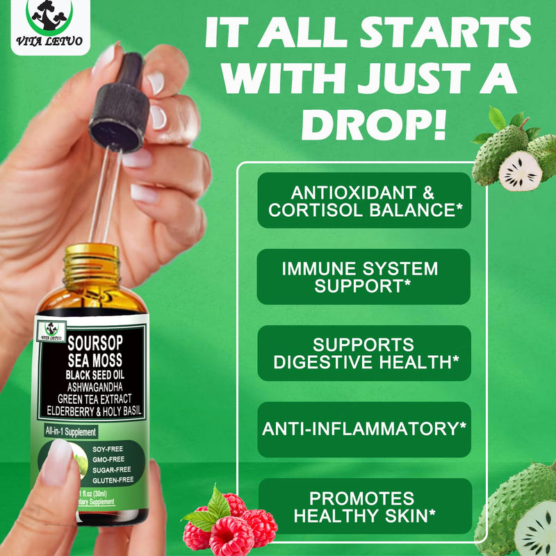 Soursop Drops,Soursop Bitters Liquid with Sea Moss Black Seed Oil Green Tea Extract Ashwagandha Elderberry Holy Basil-Multimineral&Vitamins Superfood Drops for Immune&Digestive & Cell Support