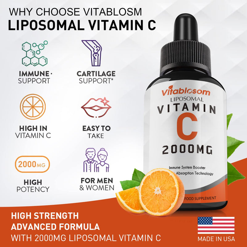 Vitablosom Liposomal Vitamin C 2000mg Liquid for Adults, High Absorption VIT C, Maximize Vitamin C, Immune System & Antioxidant Support, 60ML (1 Bottle) 2.02 Fl Oz (Pack of 1)
