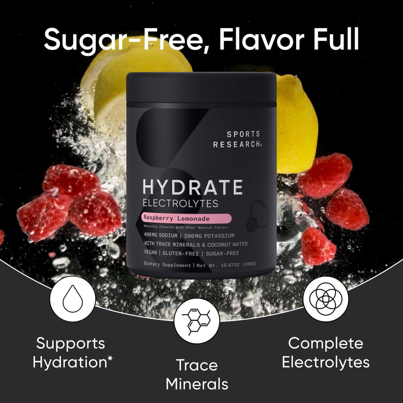 Sports Research® Hydrate Electrolytes Raspberry Lemonade, 90 Servings | Sugar-Free & Flavorful with 7 Essential Vitamins, 65 Trace Minerals, and Coconut Water for Whole Body Hydration 15.87 Ounce (Pack of 1)