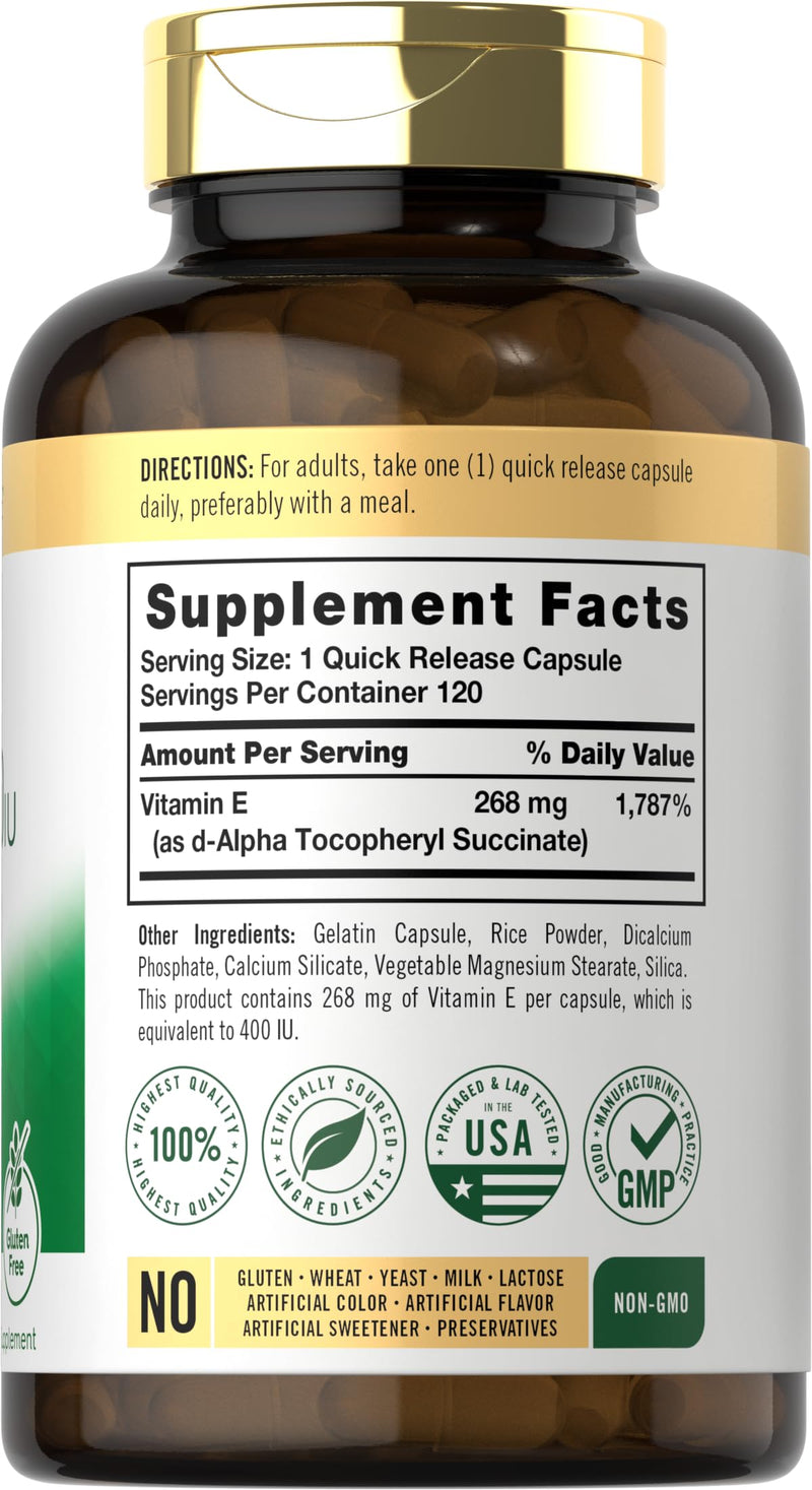 Carlyle Dry Vitamin E 400 IU | 120 Capsules | D-Alpha Tocopheryl | High Potency Formula | Non-GMO & Gluten Free Supplement