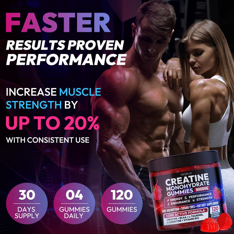 Creatine Gummies Monohydrate Complex 9000MG, Pre-Workout for Men & Women, Creatine Gummy with L-Taurine, BCAA 2:1, B12/6 for Muscle Support, Enhance Strength, Energy Boost-120 Count Raspberry 120 Count (Pack of 1)