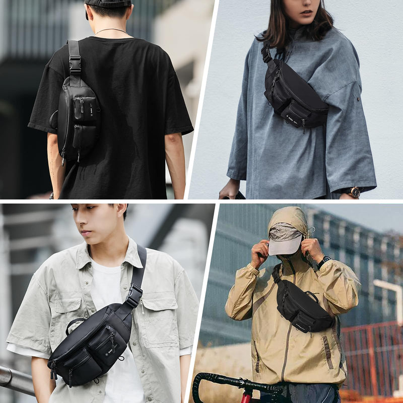Fanny Pack for Women Men Crossbody Bag with 6-Zipper Pocket Adjustable Strap Black Fanny Packs Sling bag for Men Outdoor Travel Sports Hiking Running A-Black