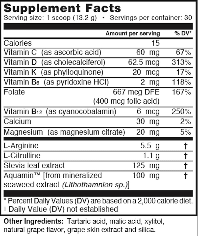 L-Arginine PRO | 5,500mg L-Arginine Plus L-Citrulline 1,100mg Grape Powder Drink Mix Supplement for Increased Nitric Oxide Production 13.97 Ounce (Pack of 1)