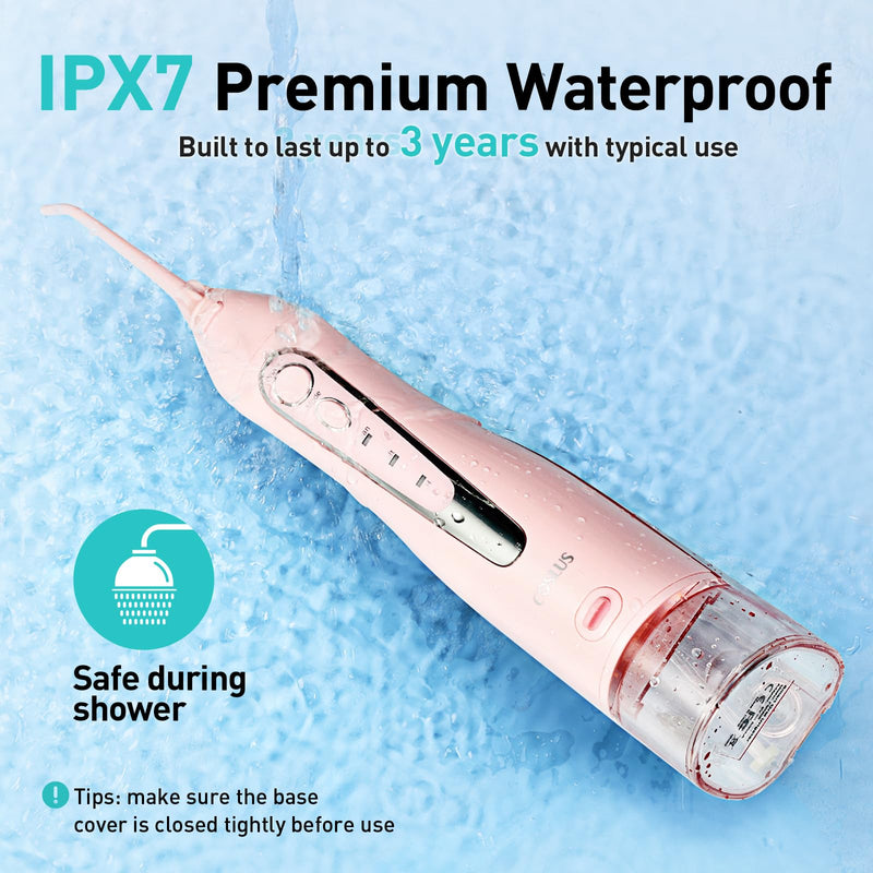 COSLUS Water Dental Flosser Teeth Pick C20(F5020E): Portable Cordless Oral Irrigator 300ML Rechargeable Travel Irrigation Cleaner IPX7 Waterproof Electric Flossing Machine for Teeth Cleaning, Pink