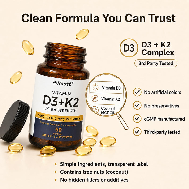 Vitamin d3 k2 Supplement (5000 IU D3+K2 | 100mcg MK7), Vitamin D Softgels with Coconut Oil, K2 D3 Vitamins for Bone & Immune Support, Extra Strength, Easy to Swallow