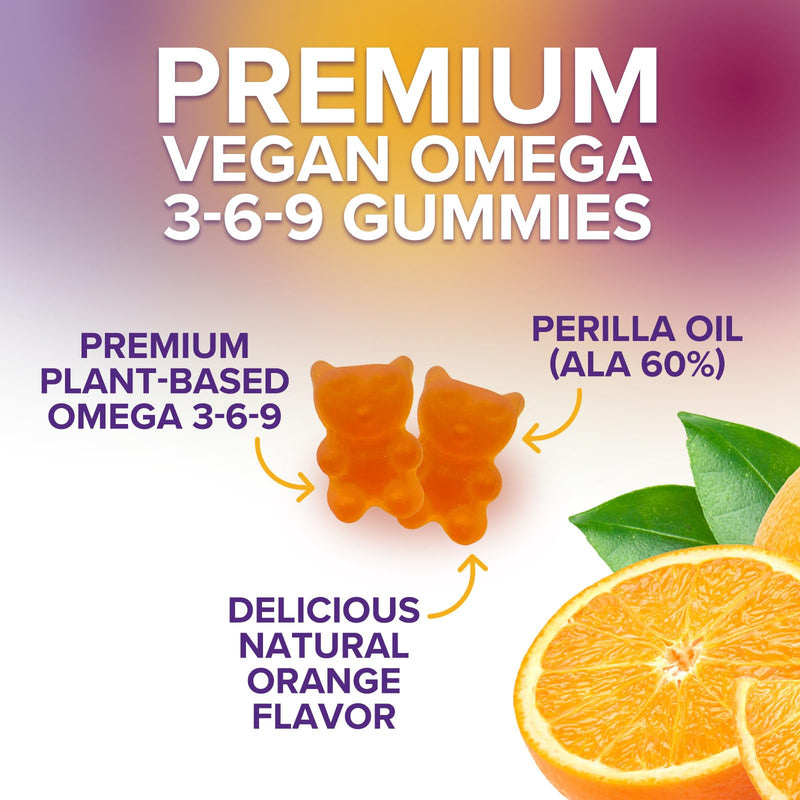 Omega 3 6 9 Gummies - Vegan Omega 3 Supplement Gummy - Essential Fatty Acids Oil 369 Complex Heart Support & Brain Support for Women, Men & Pregnancy, Fish Free Non-GMO, Orange Flavored - 60 Gummies 60 Count (Pack of 1)