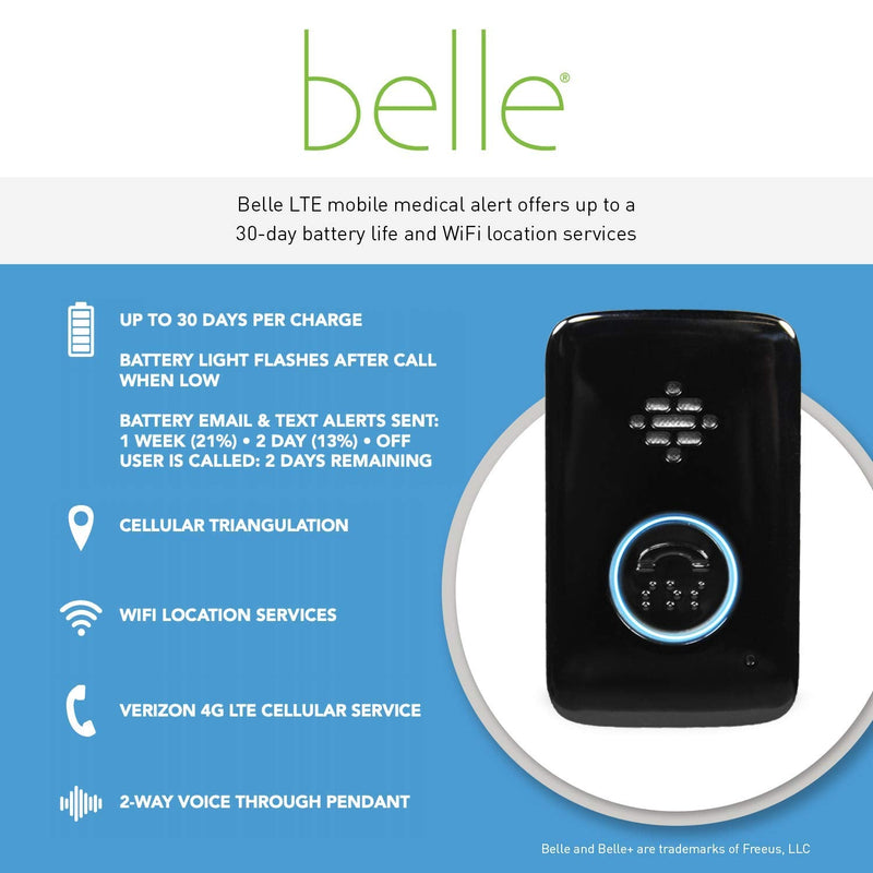 Belle Mobile Medical Alert Device 24/7 Emergency Monitoring System, Nationwide 4G LTE Coverage, WiFi, Water-Resistant. Expert Care. 30-Day Battery Life. Monitoring Included. (1 Month Included)