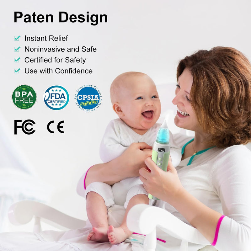 Electric Nasal Aspirator for Baby, Nose Sucker for Baby with IPX6 Waterproof, Self-Cleaning, Adjustable Nose Suction for Toddlers, Built-in Music & Light Soothing, Green - BeesActive Australia