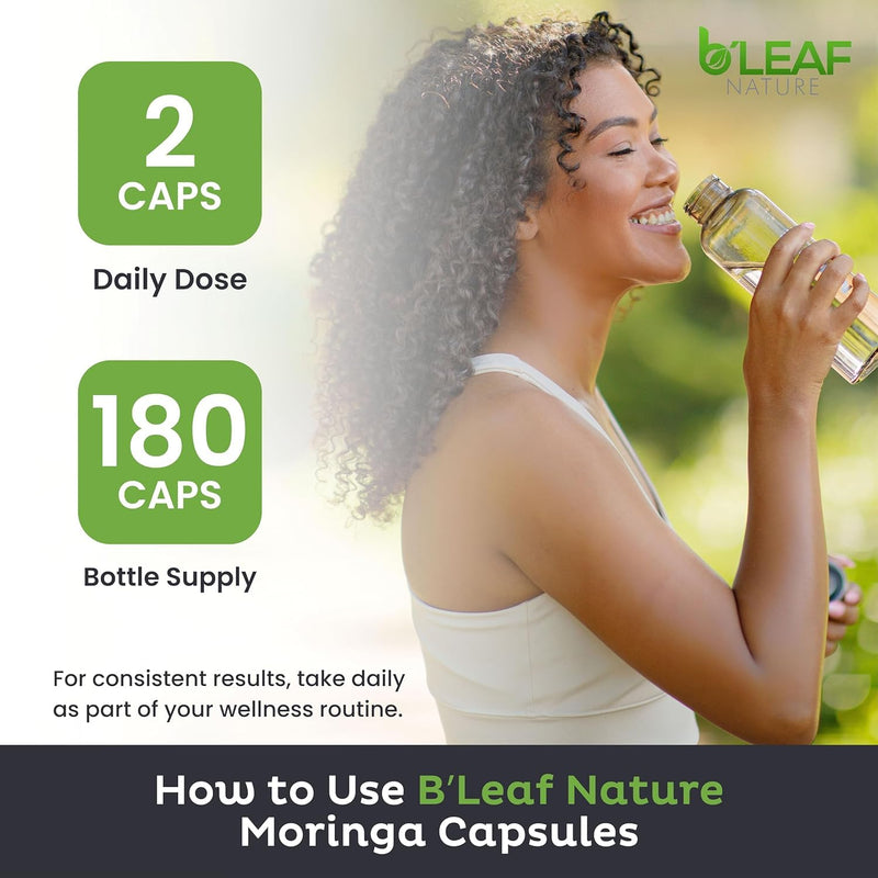 B'LEAF NATURE 2-Pak Moringa Oleifera Capsules, 1000mg, 360 Count | Moringa Powder, Pure Moringa Leaf, Energy Natural Wellness & Immune Support, Vegan, Non-GMO 180 Count (Pack of 2)