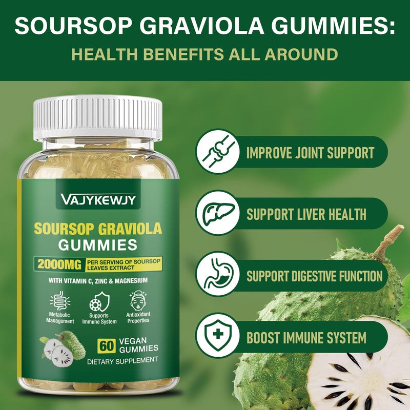 Soursop Graviola Gummies - 2000mg Extra Strength Soursop Leaves Extract, Vitamin C, Zinc & Whole Natural Food for Immunity, Vegan, 60 Gummies 1pack
