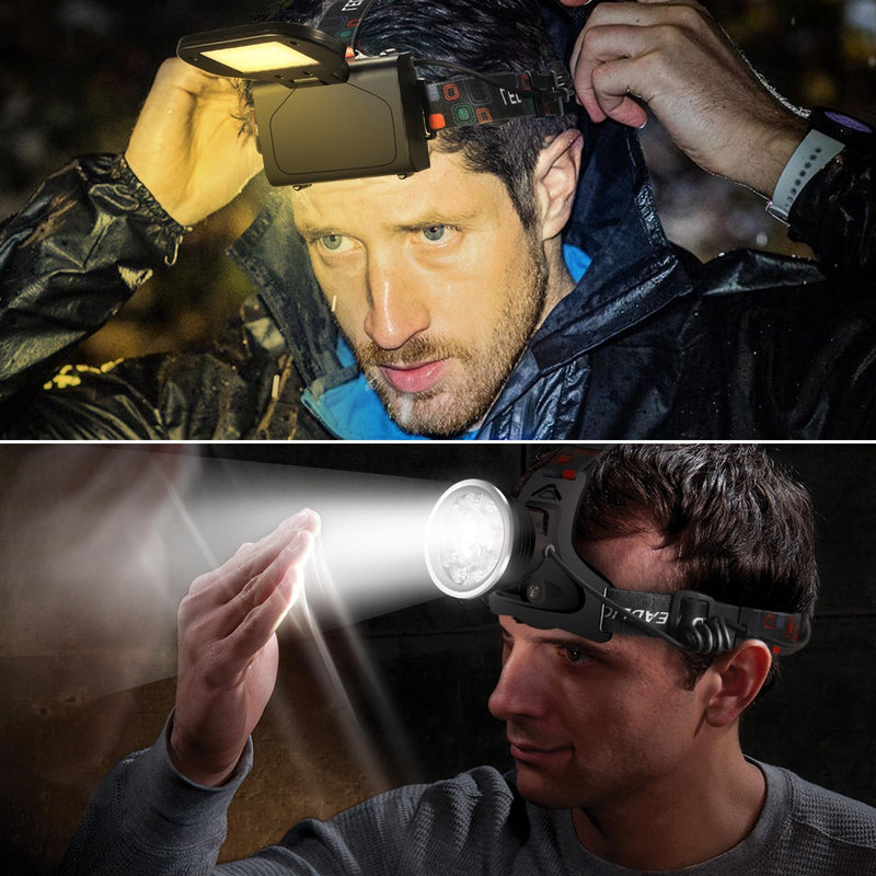 Headlamp Spotlight Flashlight, Bright LED Rechargeable Headlight, Waterproof Head Light with Back Lamp for Outdoor Camping Running Hiking Fishing Cycling (Black, Spotlight & Floodlight) Black