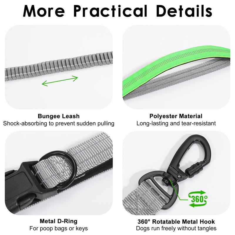 Hands Free Dog Leash, 8.2 FT Waist Leash for Walking, Jogging, Hiking, Adjustable Crossbody Belt with Double Padded Handles, Bungee Car Seatbelt Design for Medium Large Dogs, Gray + Green