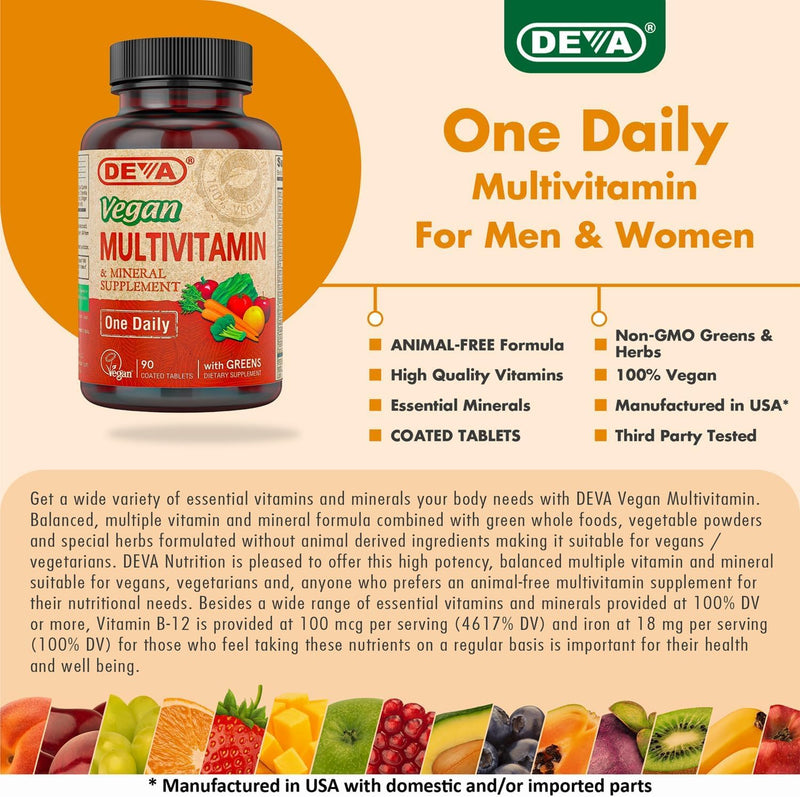 DEVA Vegan Multivitamin & Mineral Supplement with Iron 2-Pack, Spirulina, Chlorella, Ashwagandha, Broccoli & More, 90 Coated Tablets Each 90 Count (Pack of 2)