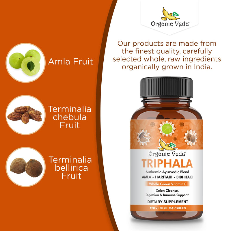 Organic Veda Triphala Capsules with Natural Amla, Haritaki, Bibhitaki Fruits - Herbal Triphala Powder Dietary Supplement for Colon Cleanse, Digestive, Immune Support - Vegan, Gluten Free - 120 Count - BeesActive Australia