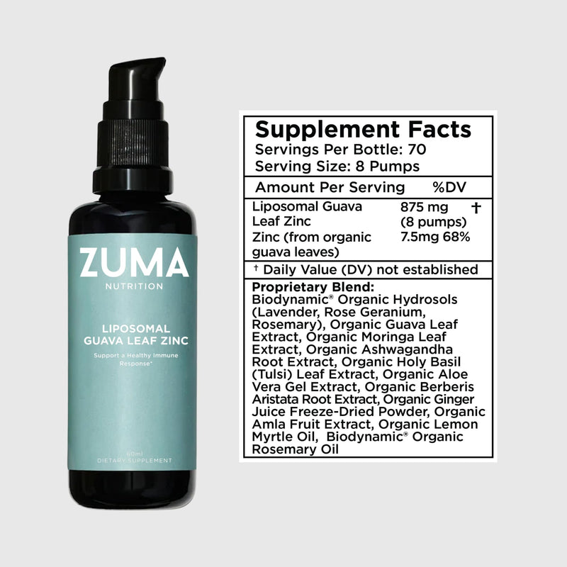 Zuma Nutrition Guava Leaf Zinc with Vitamin C, Vegan & Natural Herbal Supplement for Skin Health, Longevity and Daily Wellness Support for Men and Women, Skin Care Routine, 60 ML Bottle