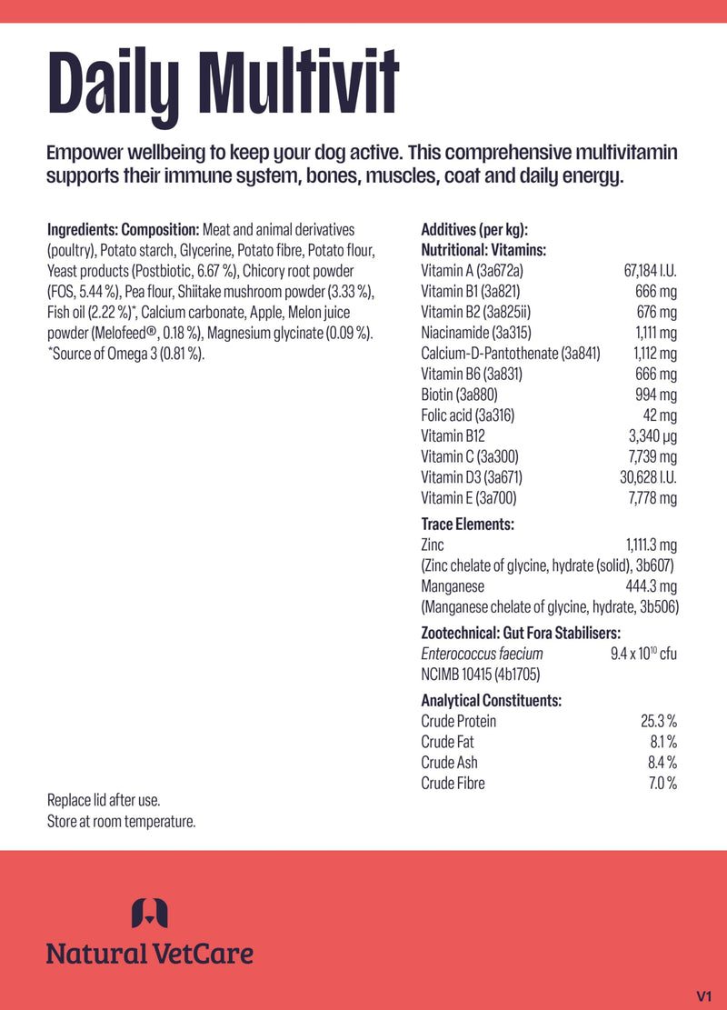 Natural VetCare Daily MULTIVIT Chews for Dogs 225g - Supports Immune System, Bones, Muscles, Coat & Daily Energy. Soft Daily Multivitamin Treats for Gut, Mobility & Overall Health