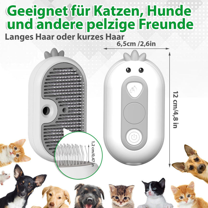 Cat brush with steam and release button, rechargeable steam brush for cats and dogs, spray pet hair brush, massage steamer comb for long hair and short hair to remove loose fur and dirt, white - BeesActive Australia