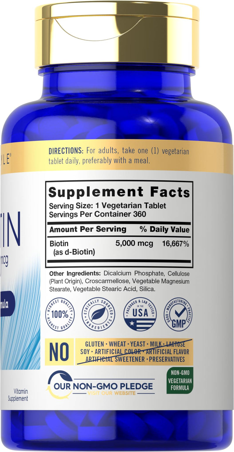 Carlyle Biotin 5000mcg | 360 Vegetarian Tablets | Beauty Formula Supplement for Hair, Skin & Nails | Non-GMO, Gluten Free 360 Count (Pack of 1)