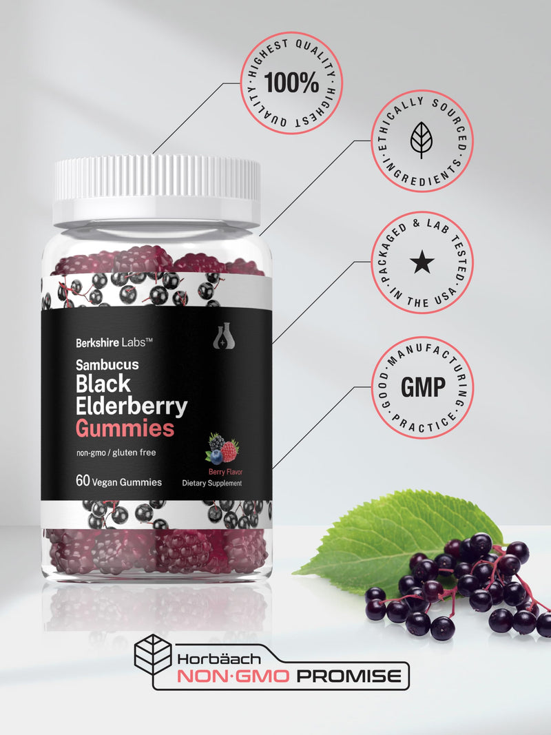 Horbäach Sambucus Black Elderberry Gummies | 60 Count | with Zinc and Vitamin C | Berry Flavor | Vegan, Non-GMO, Gluten Free Extract for Adults | by Berkshire Labs