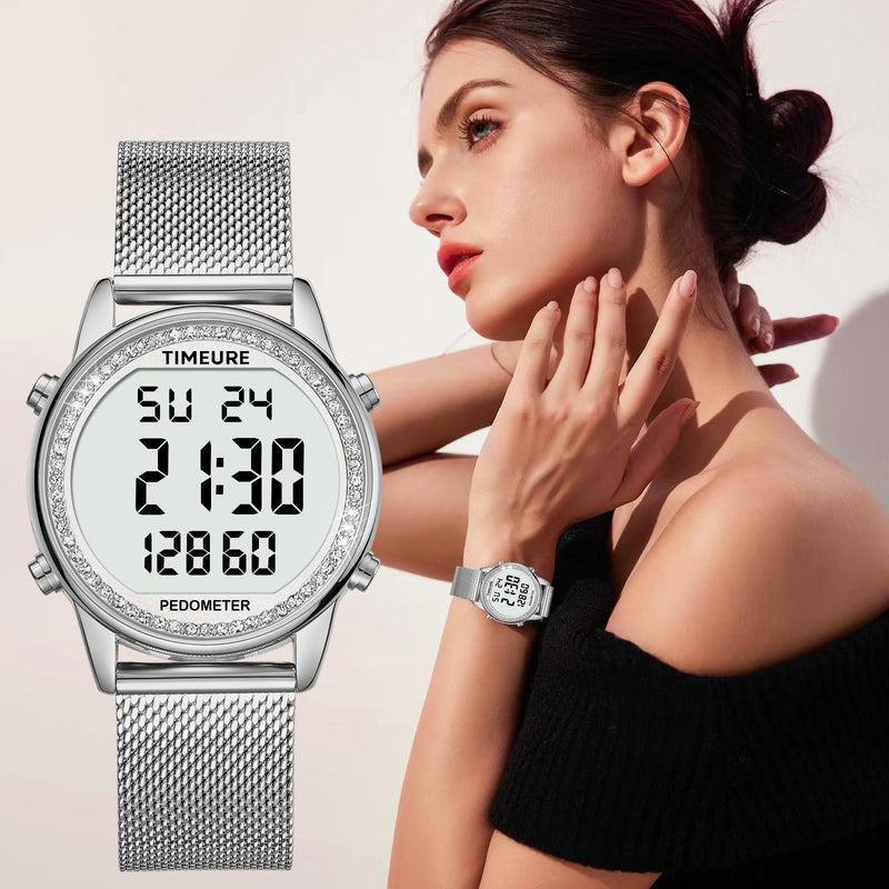 Women's Step Counter Pedometer Watch with Stainless Steel Bracelet, Stylish Design, No App, No Charging Needed for Step, Calorie, Distance, Alarm, Countdown Timer，TU-2401 CRYSTAL Silver - BeesActive Australia